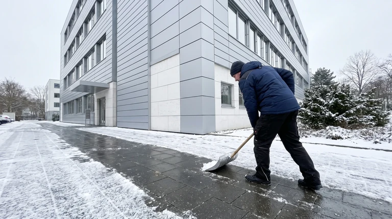 Symbolbild: Schneeräumung eines Gehwegs vor einem Bürogebäude