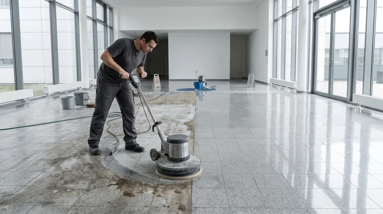 Symbolbild: Reinigungskraft führt mit einer Einscheibenmaschine eine Grundreinigung auf einem großflächigen Steinboden durch, links noch verschmutzt, rechts bereits gereinigt